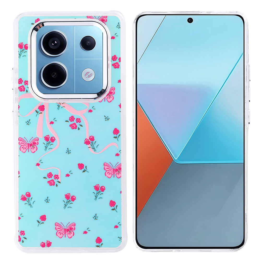 Çiçek ve kelebek desenli telefon kılıfı, mavi arka plan. Ekran mavi ve turuncu geometrik şekiller gösteriyor.