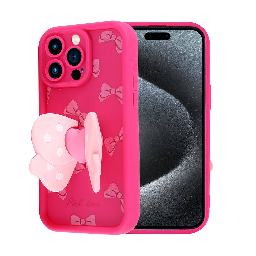 Yay detaylı ve pop soketli pembe telefon kılıfı. Telefon ekranı siyah. Kılıfta 'Pink Love' yazıyor.