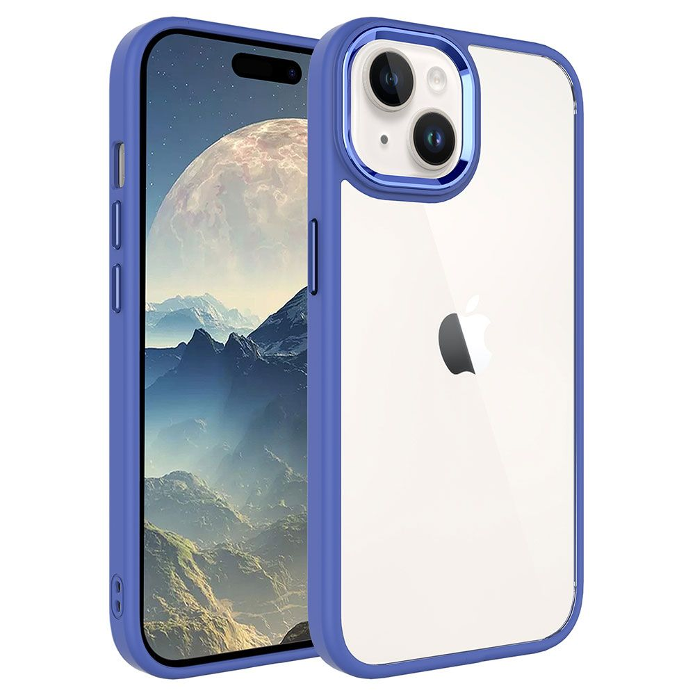 Mavi kılıflı iki telefon. Birinde gezegen resmi, diğerinde Apple logosu var. İkisinin de arkası şeffaf.
