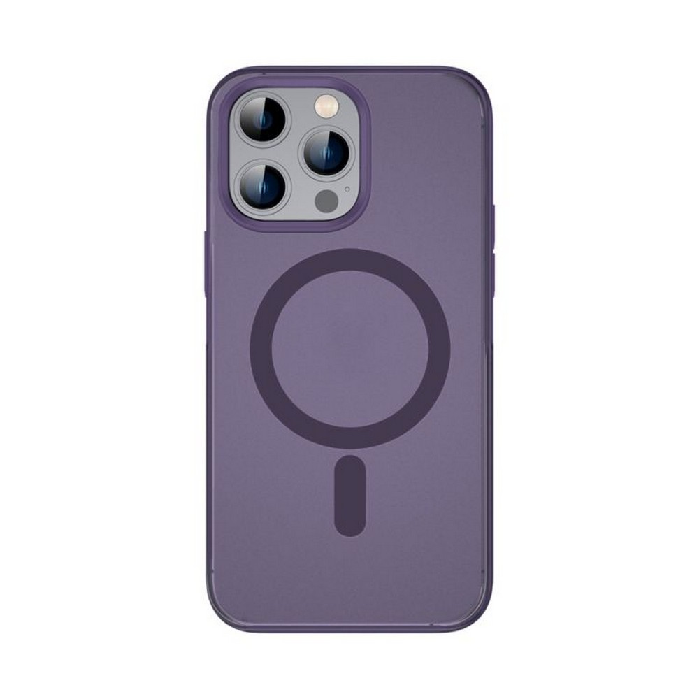 Manyetik halkalı mor iPhone kılıfı. Üç lensli ve flaşlı bir kamera modülüne sahip. Kılıf mat ve pürüzsüz.
