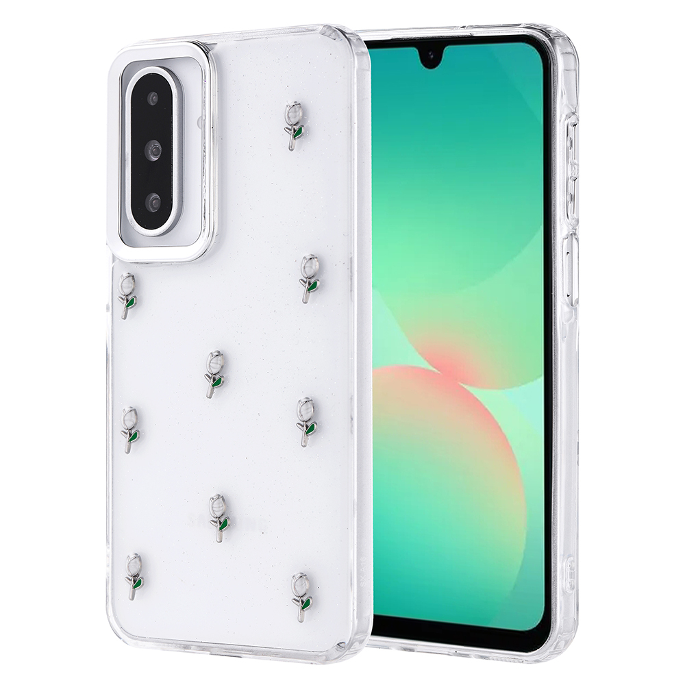 Beyaz ışıltılı ve küçük gümüş çiçek desenli şeffaf bir telefon kılıfı. İçinde yeşil ekranlı bir akıllı telefon var.