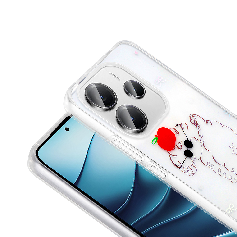 Karikatür koyun tasarımlı ve kırmızı elmalı şeffaf bir telefon kılıfı. Telefon, mavi soyut arka planlı ekranı gösteriyor.