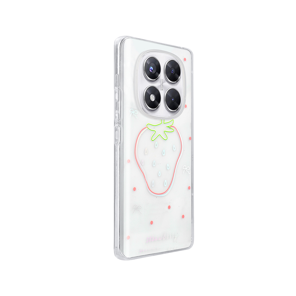 Çilek desenli şeffaf telefon kılıfı. Kılıf, pembe konturlu çilek ve küçük kırmızı noktalarla şeffaf bir arka plana sahiptir.