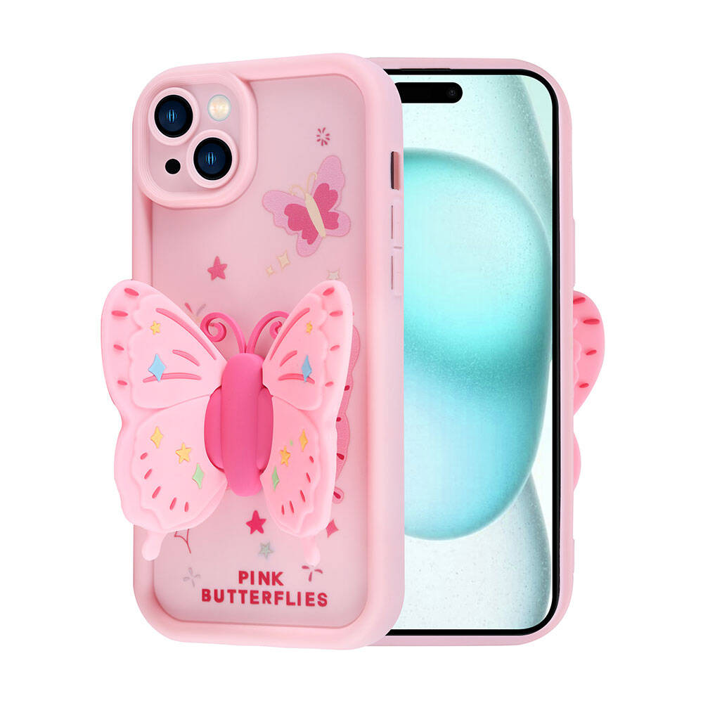 3D kelebek tasarımlı pembe bir telefon kılıfı. Ekran, açık mavi bir görüntü gösteriyor. Kılıf üzerinde 'PINK BUTTERFLIES' yazısı.