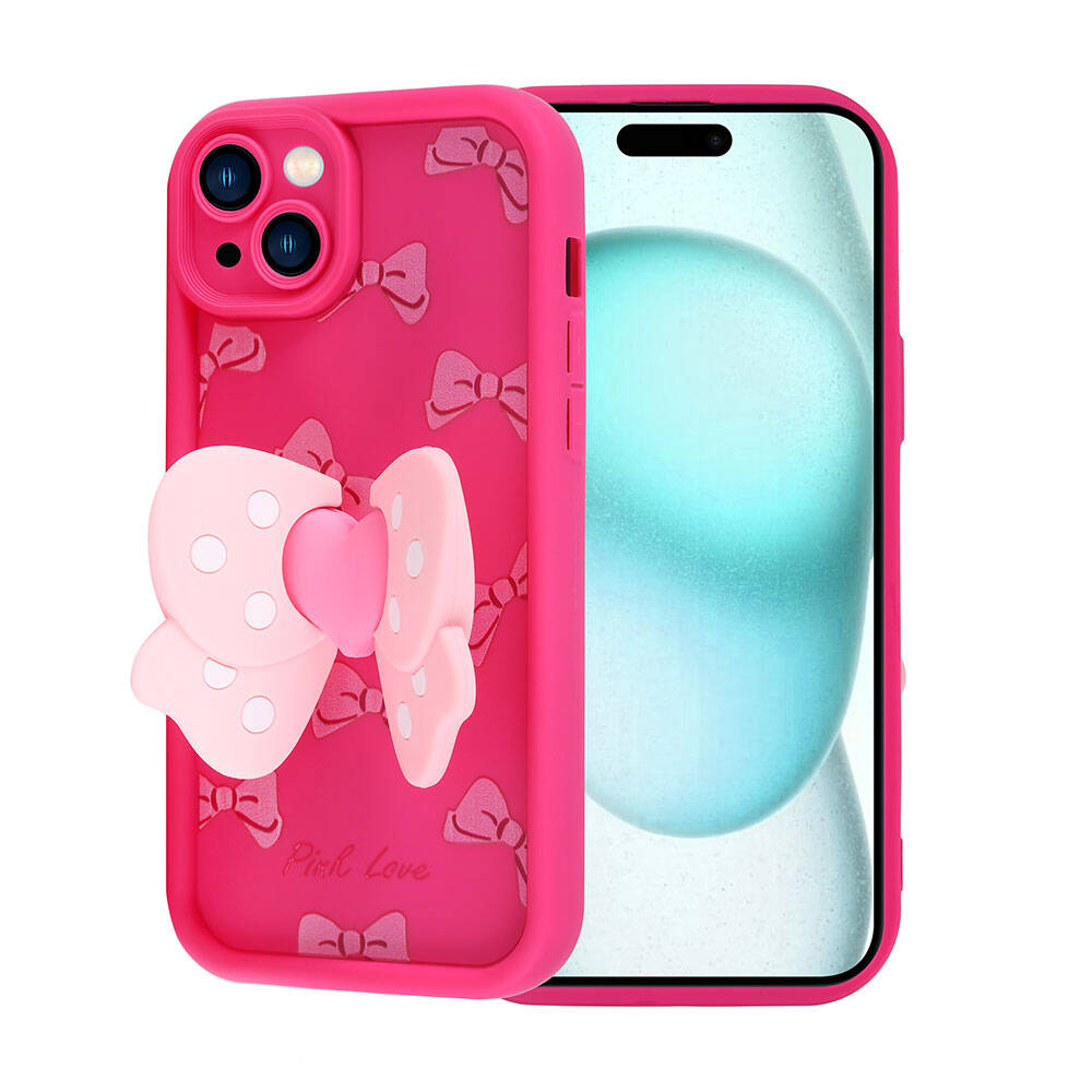 Büyük bir fiyonk ve fiyonk desenleri olan pembe bir telefon kılıfı. Ekran açık mavi bir arka plan gösterir.