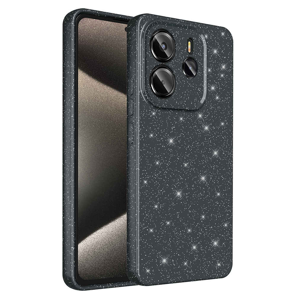 Kamera kesiklerine sahip, parıltı efektli, koyu gri telefon kılıfı. Ekran görünür durumda. Kılıf parlıyor.