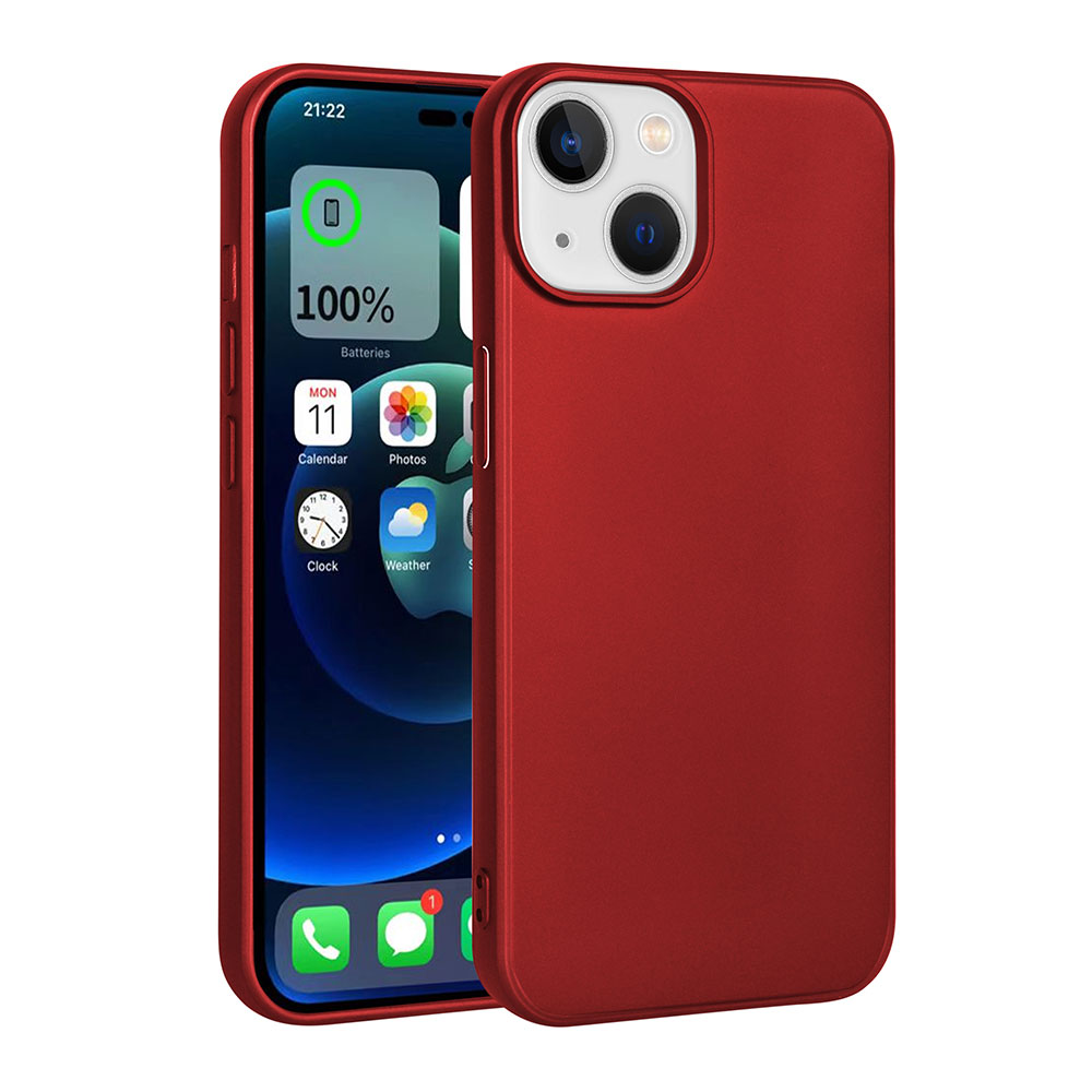 Ekranında uygulamalar ve widget'lar gösteren kırmızı bir iPhone. Kırmızı bir telefon kılıfı arkasını kaplar. Telefon beyaz bir arka plan üzerinde.