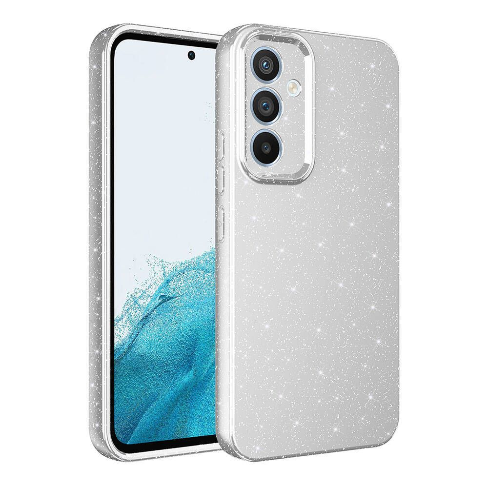 Parlak kaplamalı gümüş bir telefon kılıfı, parlak ekranlı bir telefonun yanında. Kılıfın kamera bölümü var.