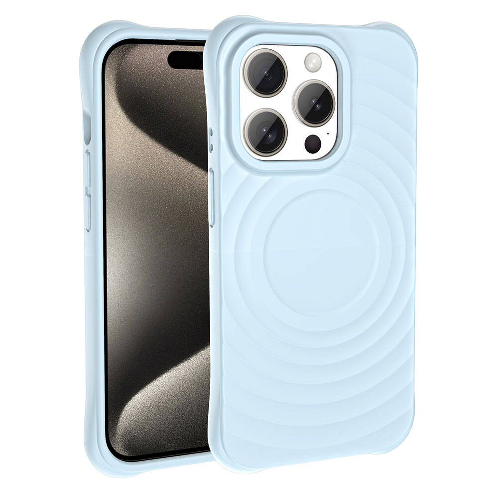 Dalgalı tasarımlı, açık mavi bir telefon kılıfı, bir akıllı telefonu sergiliyor. Kılıf, telefonun kamerasını ve kenarlarını korur.