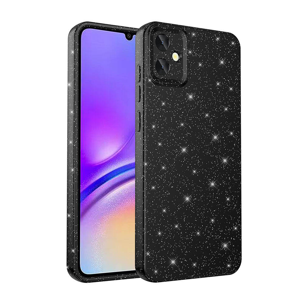 Parıltılı tasarımlı siyah telefon kılıfı. Telefon ekranında mor bir gradyan görülüyor. Kılıf beyaz bir arka planda.