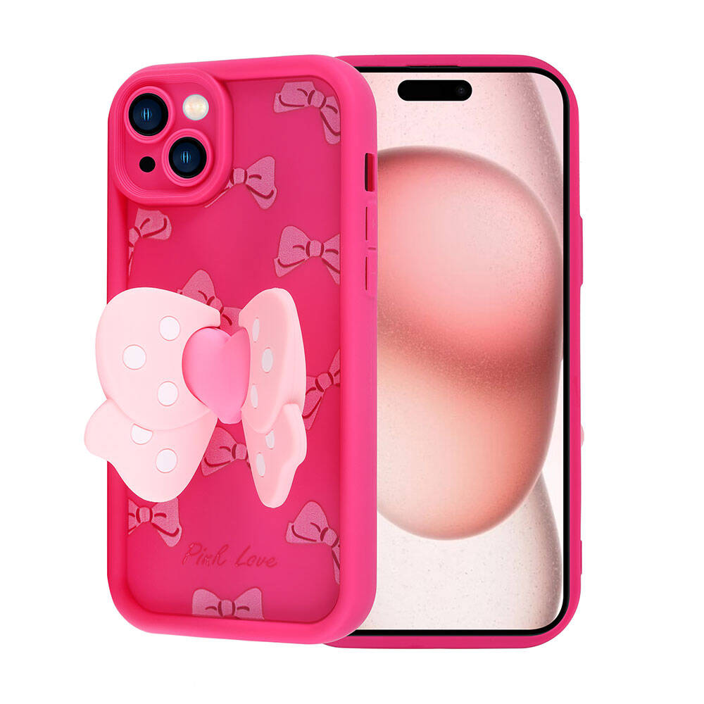 Pembe telefon kılıfı, fiyonk tasarımı ve 'Pink Love' yazısı. Sağdaki telefonun ekranı pembe.