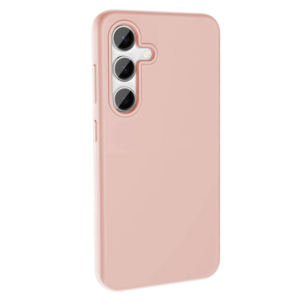 Üç kamera lensi ve bir flaş bulunan açık pembe bir telefon kılıfı gösteriliyor. Kılıf pürüzsüz ve yuvarlak kenarlara sahip.