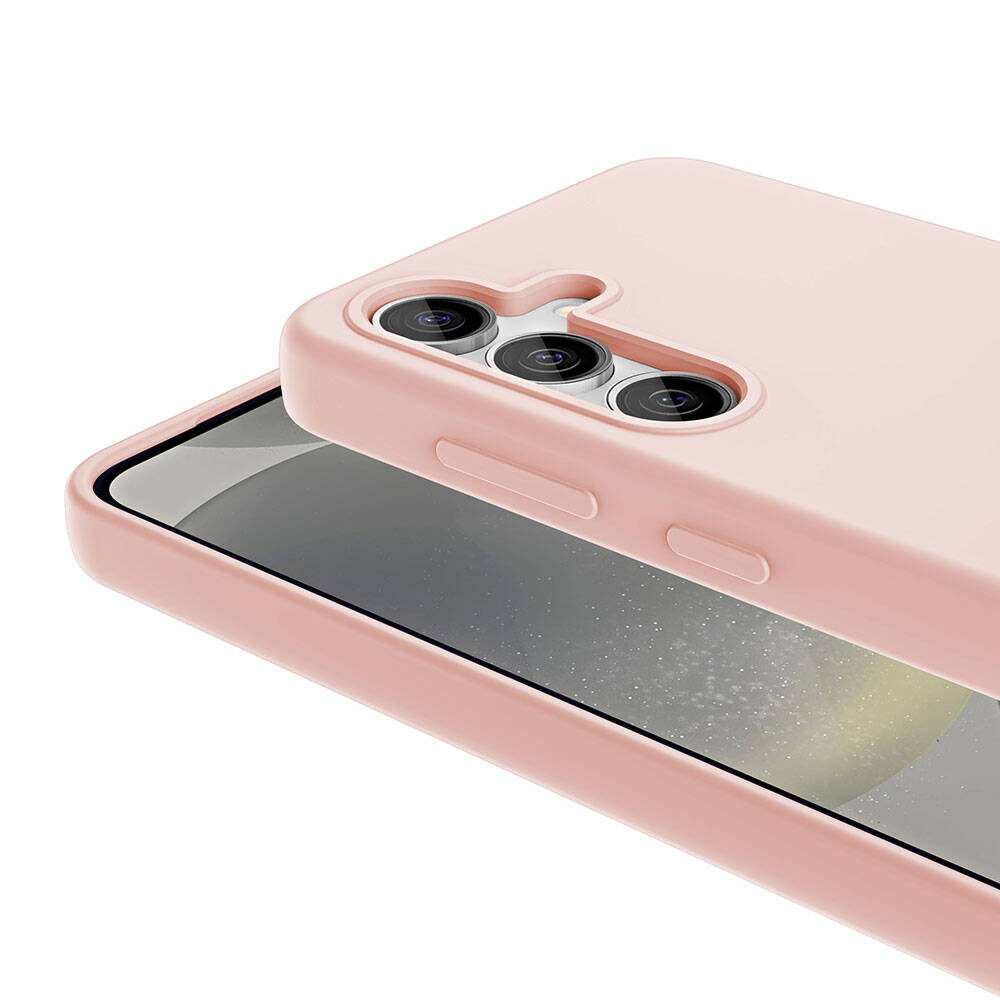 Açık pembe bir telefon kılıfı bir telefonu kaplar. Kamera lensleri görünür. Telefon ekranı kısmen görünür.