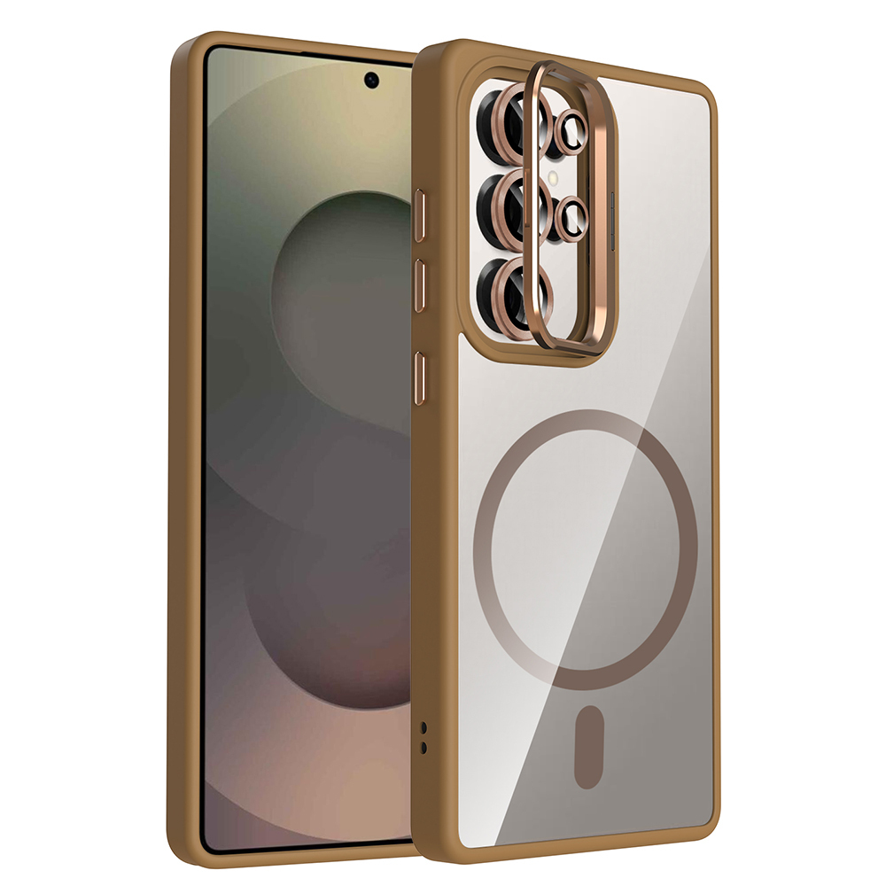 Şeffaf arka ve kahverengi çerçeveli telefon kılıfı. Kamera lens koruması ve manyetik daire tasarımı içerir. Telefon solda.