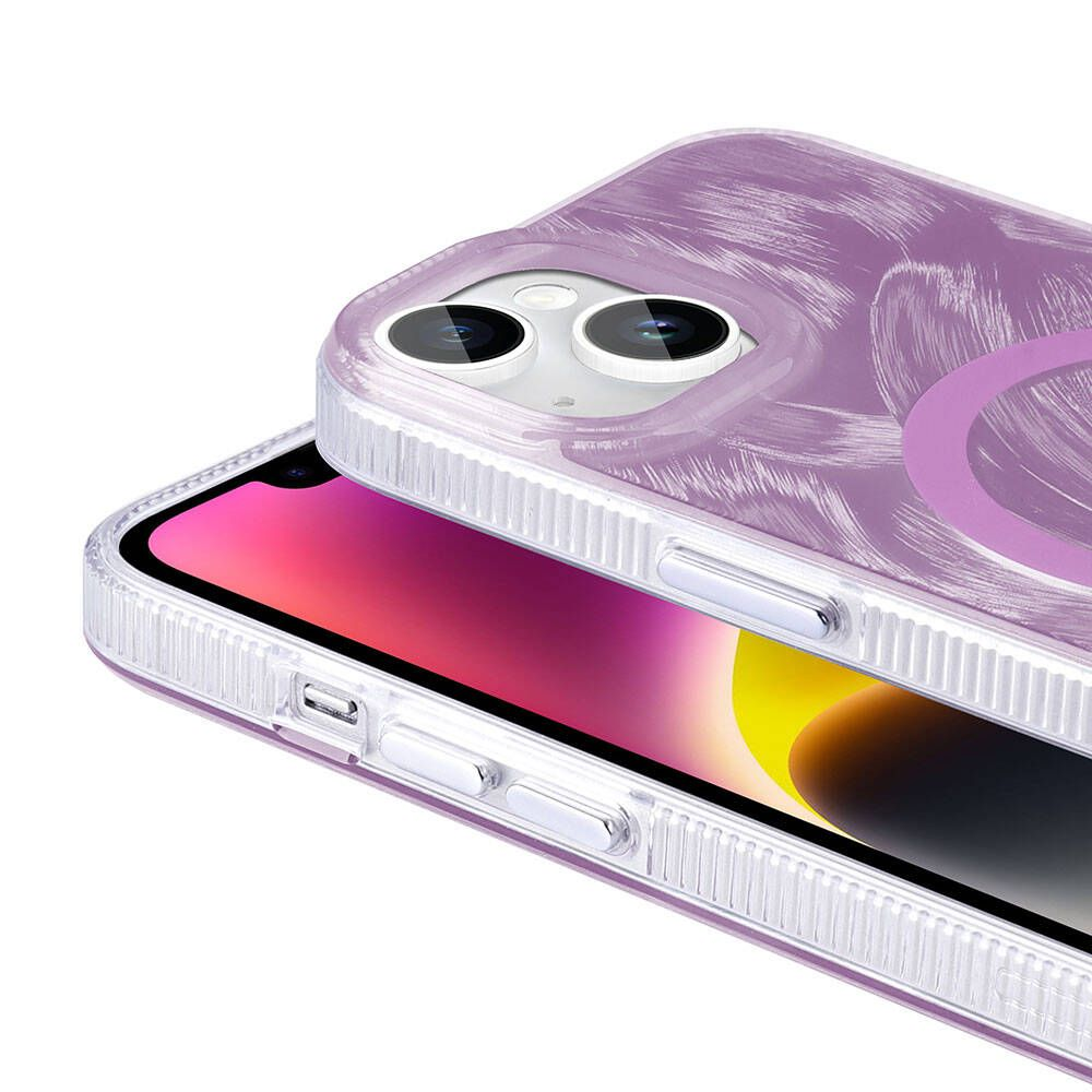 Şeffaf bir kılıf içinde bir iPhone. Kılıf mor bir tasarıma ve mor bir daireye sahip. Ekran pembe ve sarı bir geçiş gösteriyor.