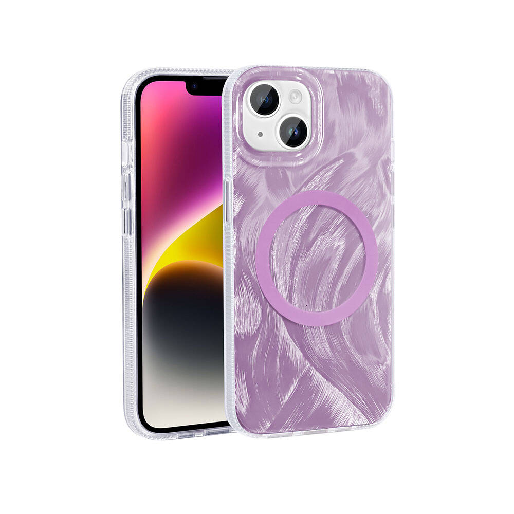 Mor desenli kılıf ve şeffaf kılıf bulunan bir iPhone. Telefonun ekranı renkli bir geçiş gösteriyor.