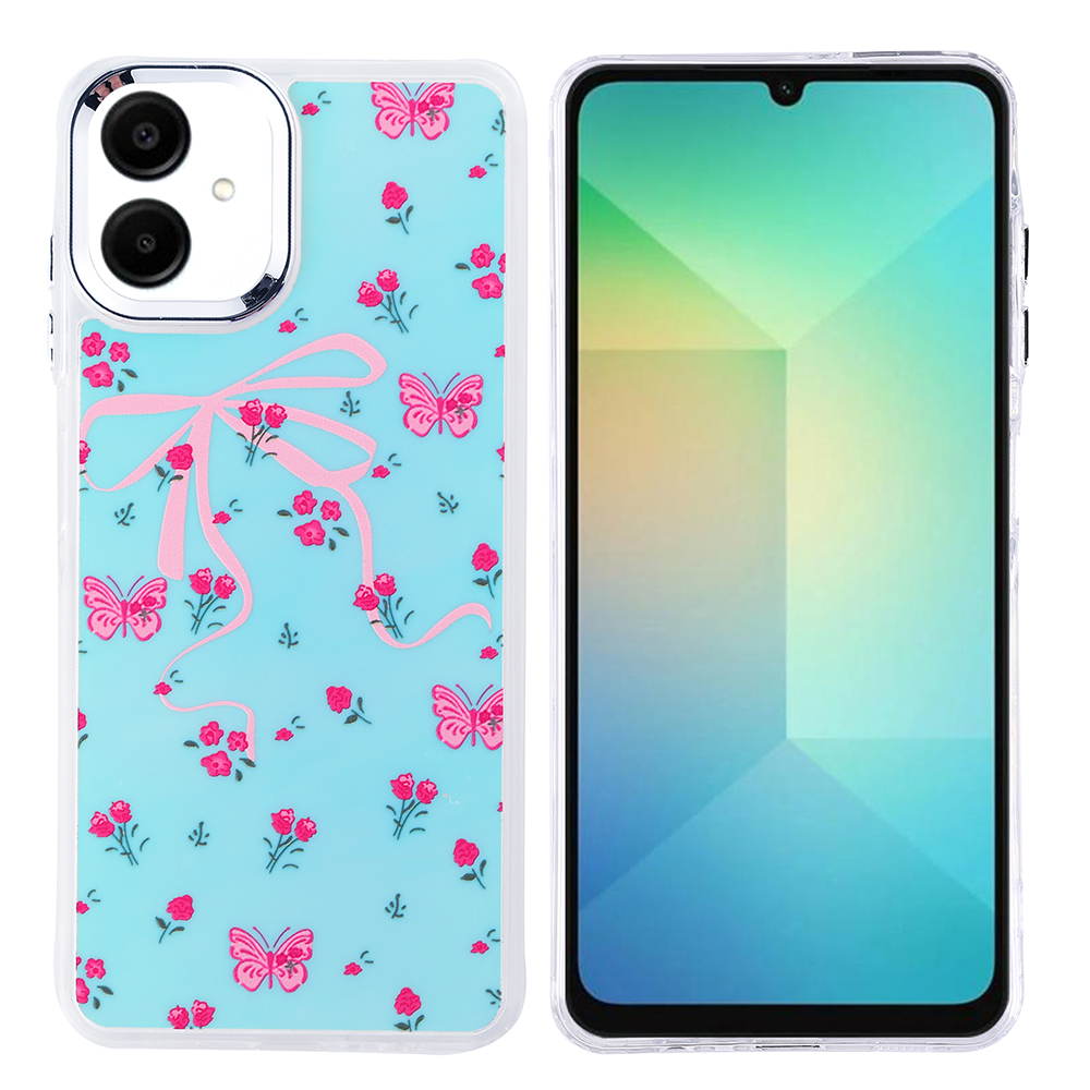 Mavi arka plan, pembe kelebekler, güller ve bir yay ile telefon kılıfı. Telefon ekranı yeşil.