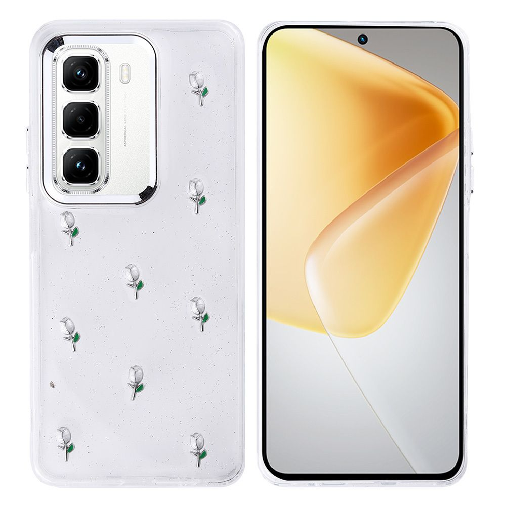 Küçük gül süslemeleriyle şeffaf bir telefon kılıfı gösteriliyor. Telefon sarı gradyanlı bir ekran gösteriyor.
