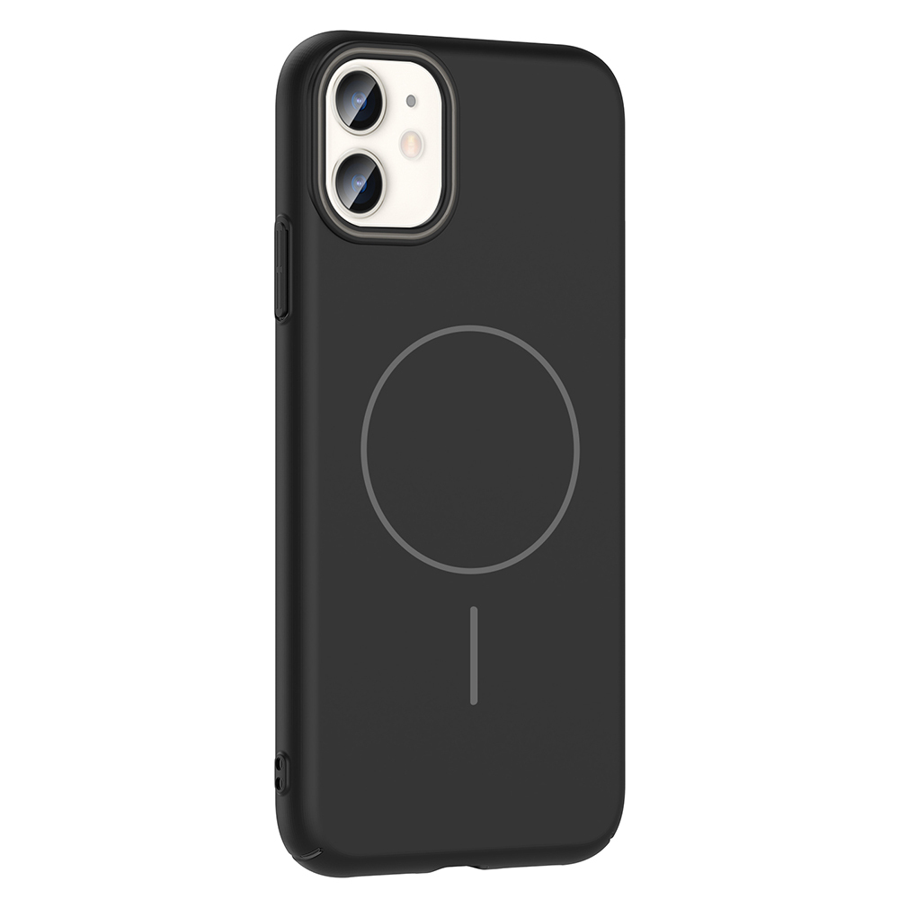 Arkasında daire ve çizgi tasarımı bulunan siyah bir telefon kılıfı. Telefonun kamerası üstte görülebilir.