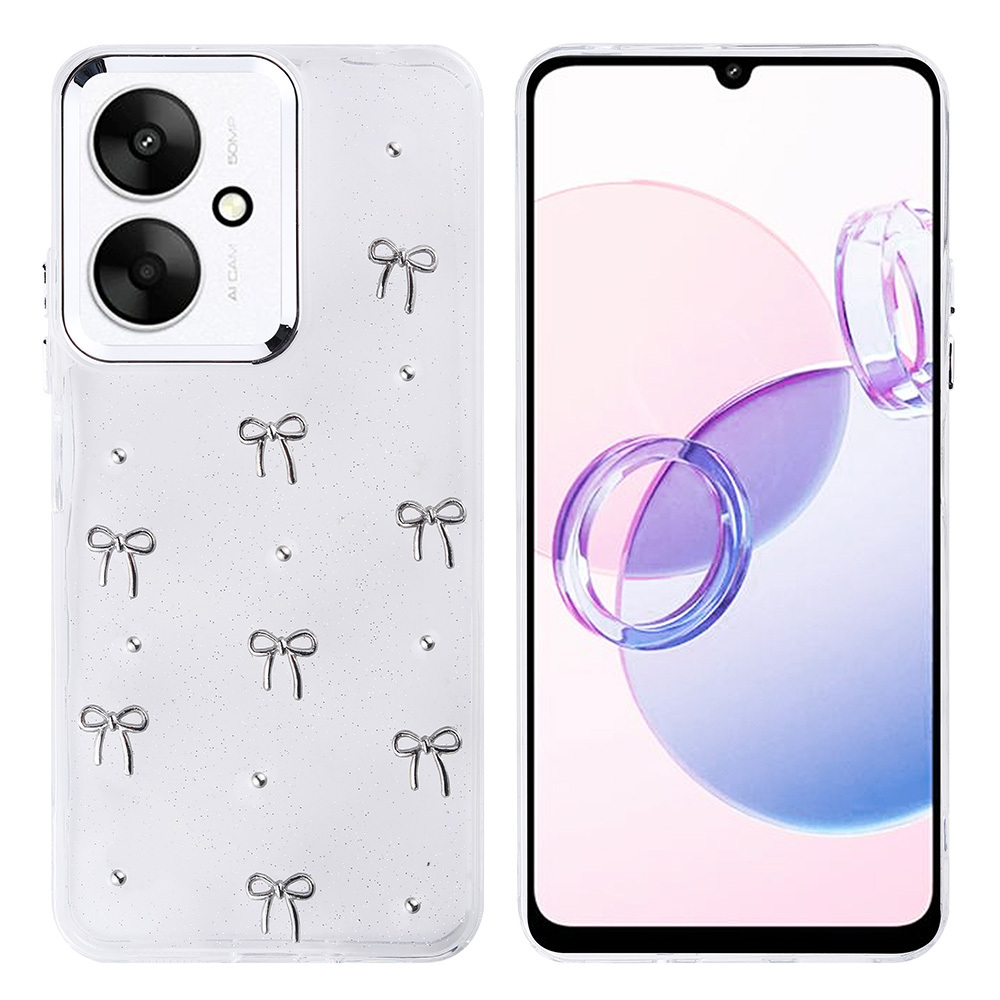 Gümüş kurdelelerle süslenmiş şeffaf bir kılıfı olan bir telefon. Ekran pembe ve mor bir tasarım gösteriyor.