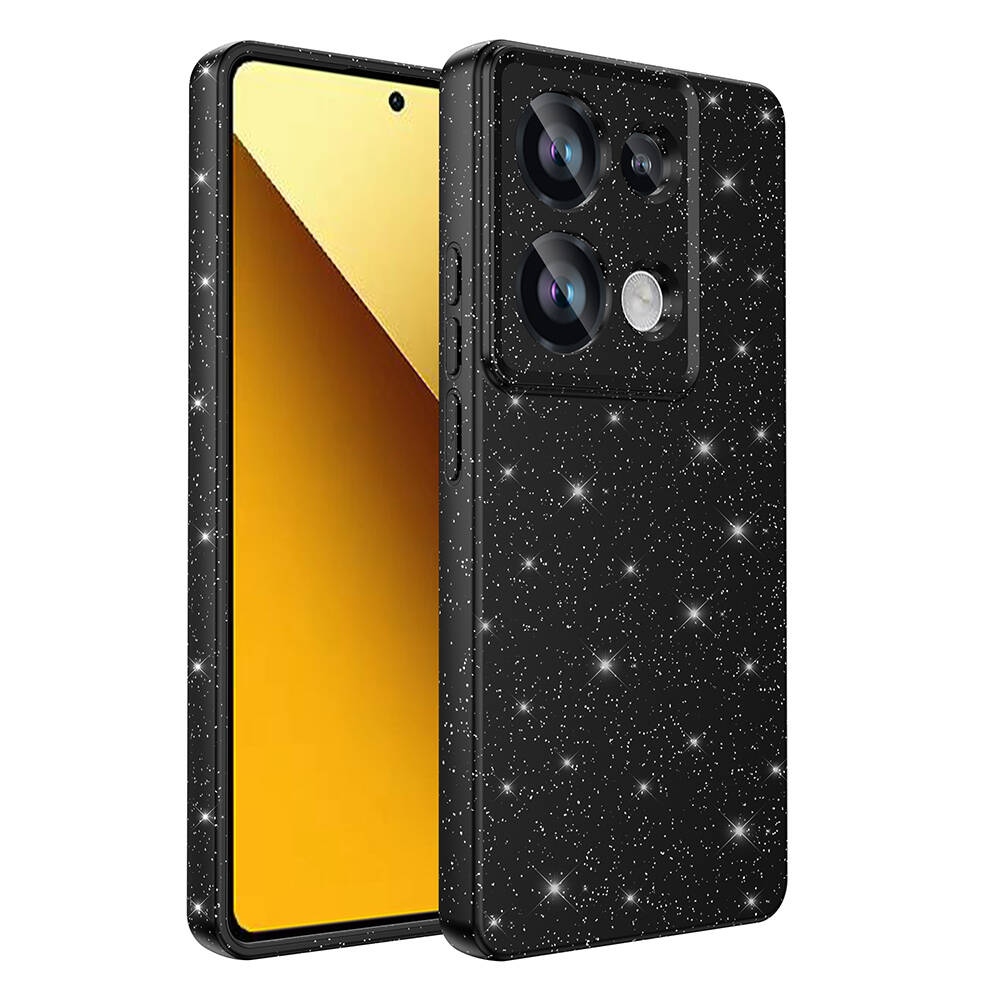 Siyah parıltılı telefon kılıfı. Telefon ekranı altın sarısıdır. Arkada çift kamera. Siyah çerçeve.