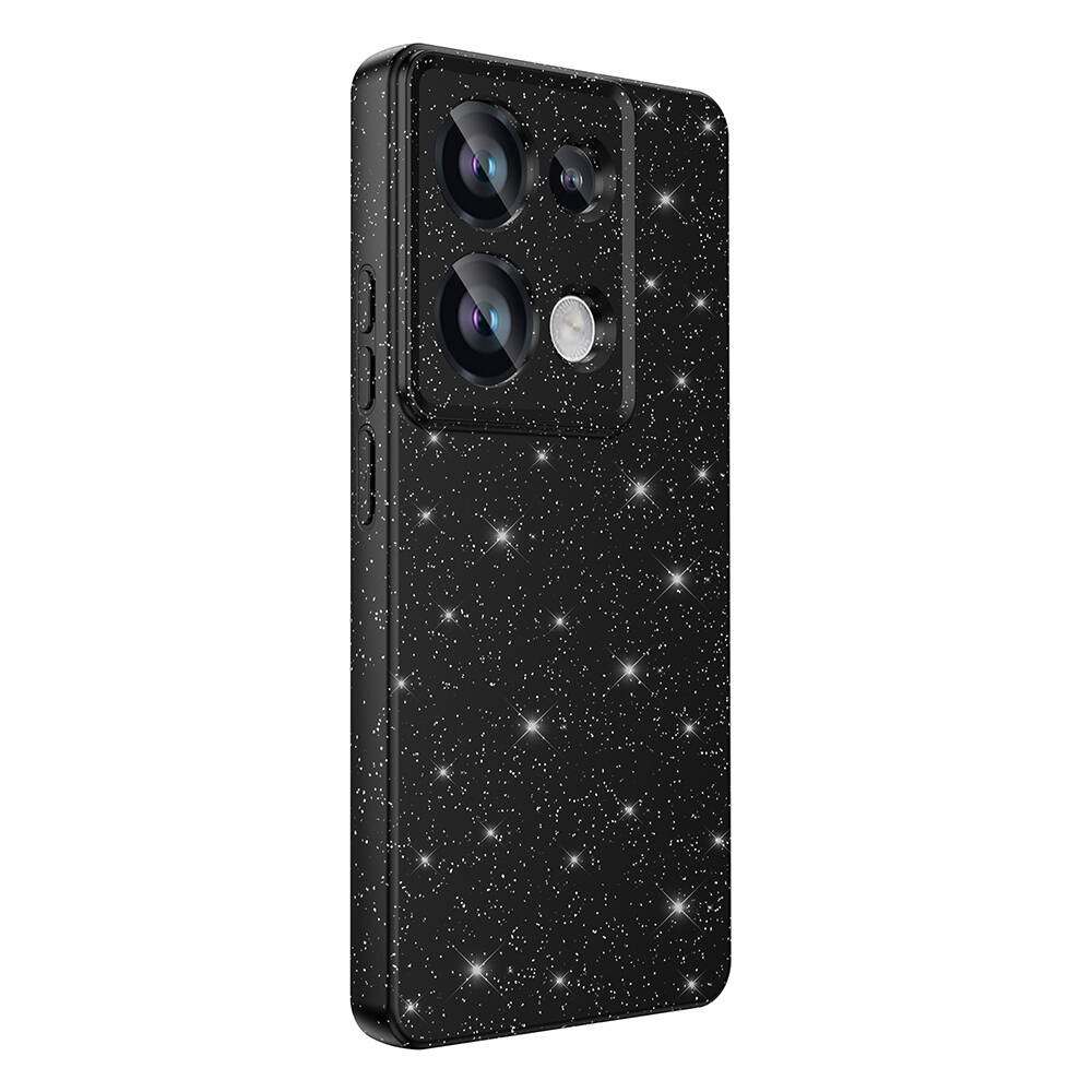 Çoklu kamera lensleri ve yıldız desenli siyah telefon kılıfı. Kılıf parlak yüzeyli, yan tarafında bir düğme var.
