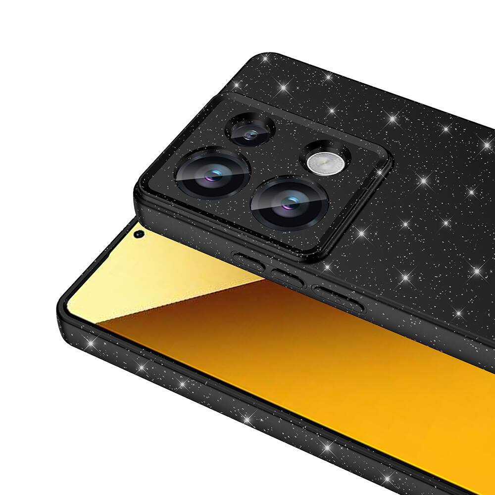 Simli ve kamera lensli siyah telefon kılıfı. Telefonun ekranı sarı.