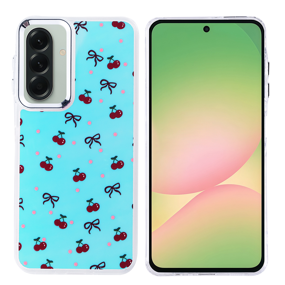 İki telefon. Birinde kiraz ve fiyonklu mavi bir kapak var. Diğerinde degrade bir ekran gösteriliyor.