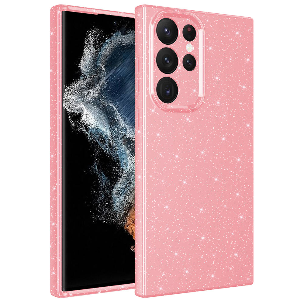 Pembe parıltılı telefon kılıfı ve telefon ekranı. Kılıfın kamera kesikleri var. Telefonun ekranı siyah ve dönen bir desene sahip.