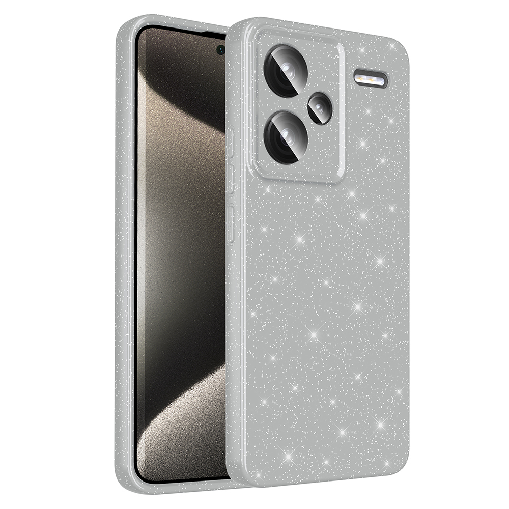 Parıltılı desenli gri telefon kılıfı. Kamera kesikleri ve soyut bir tasarıma sahip görünür bir telefon ekranı var.