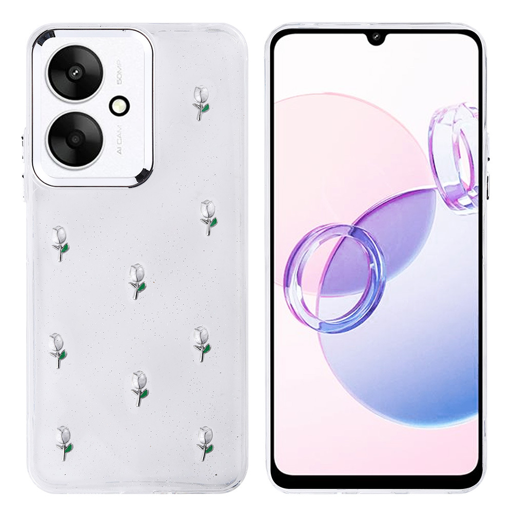 Küçük gümüş gül süslemeleriyle süslenmiş şeffaf bir kılıfa sahip bir telefon. Ekran pembe ve mor bir tasarım gösteriyor.
