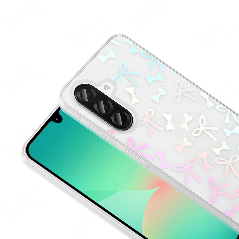 Pastel renkli fiyonk desenleriyle süslenmiş şeffaf bir kılıfı olan telefon. Telefonun ekranı yeşil ve pembe bir degrade gösteriyor.