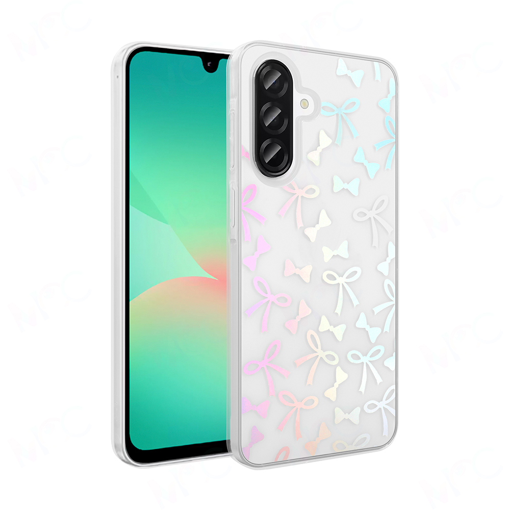 Pastel renkli kurdelelerle süslenmiş şeffaf bir kılıfı olan bir telefon. Telefonun ekranında turkuaz ve beyaz bir gradyan görülüyor.