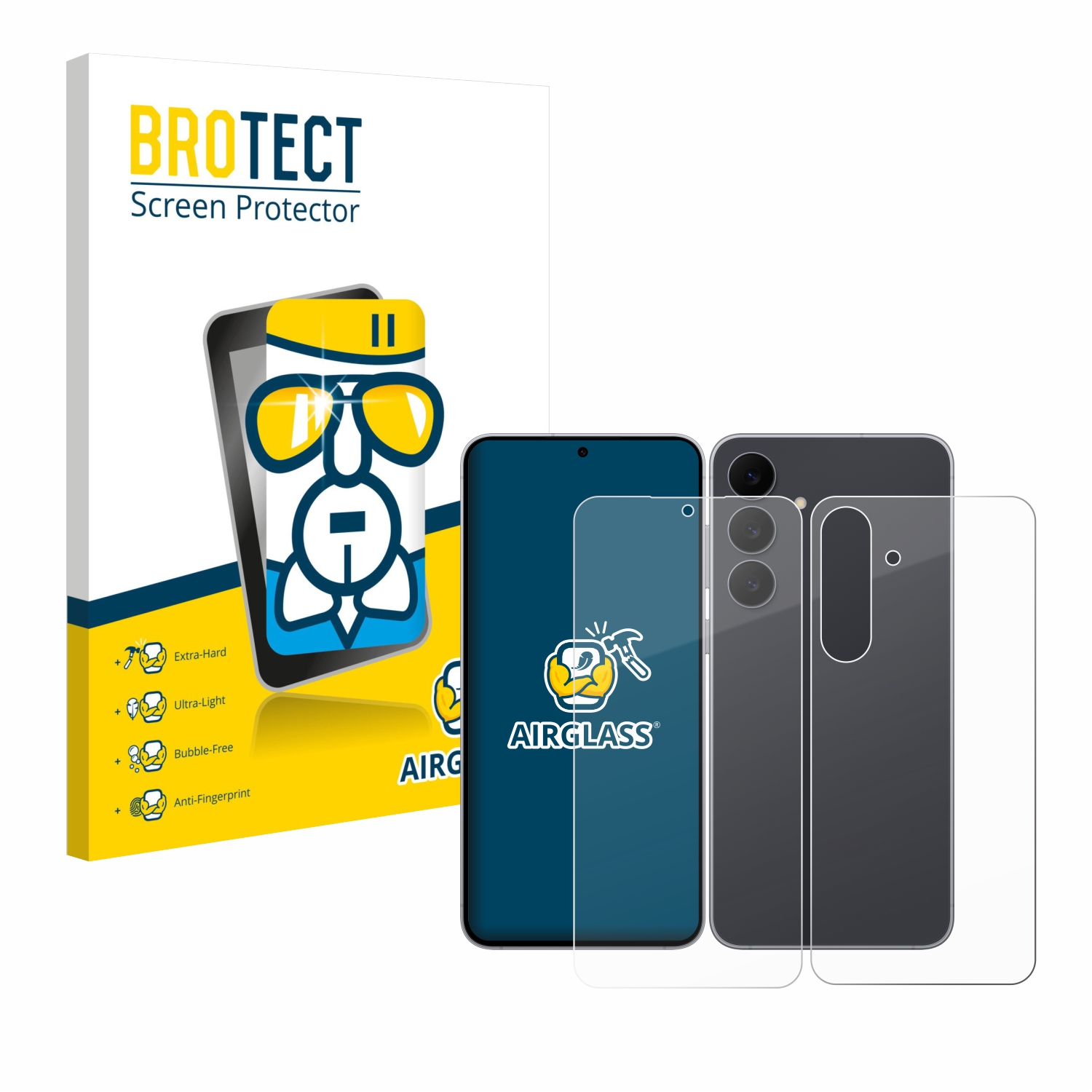 Ein Displayschutz-Set mit Box, Telefon und Glasschutzfolien. Die Box trägt den Markennamen. Das Telefon ist schwarz und blau.