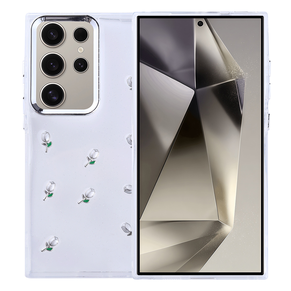 Beyaz güllerle şeffaf bir telefon kılıfı. İçinde bir telefon var. Kılıf solda. Ekran sağda.