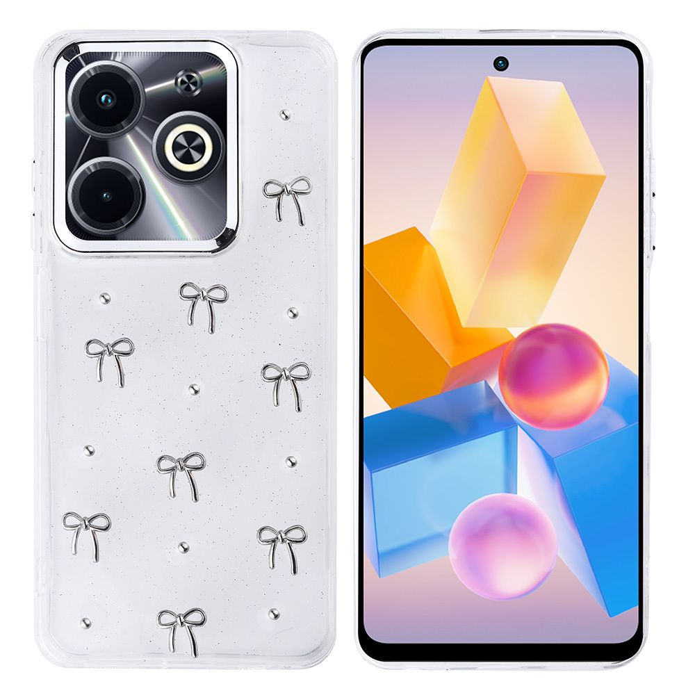Bir telefon ve kılıfı. Ekran soyut şekiller gösteriyor. Kılıf, kurdeleler ve mücevherlerle şeffaf.