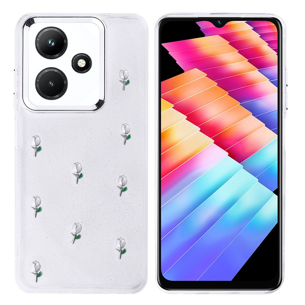 Küçük gümüş güllerle süslenmiş şeffaf bir kılıfı olan telefon. Ekran, renkli soyut sanat gösteriyor.