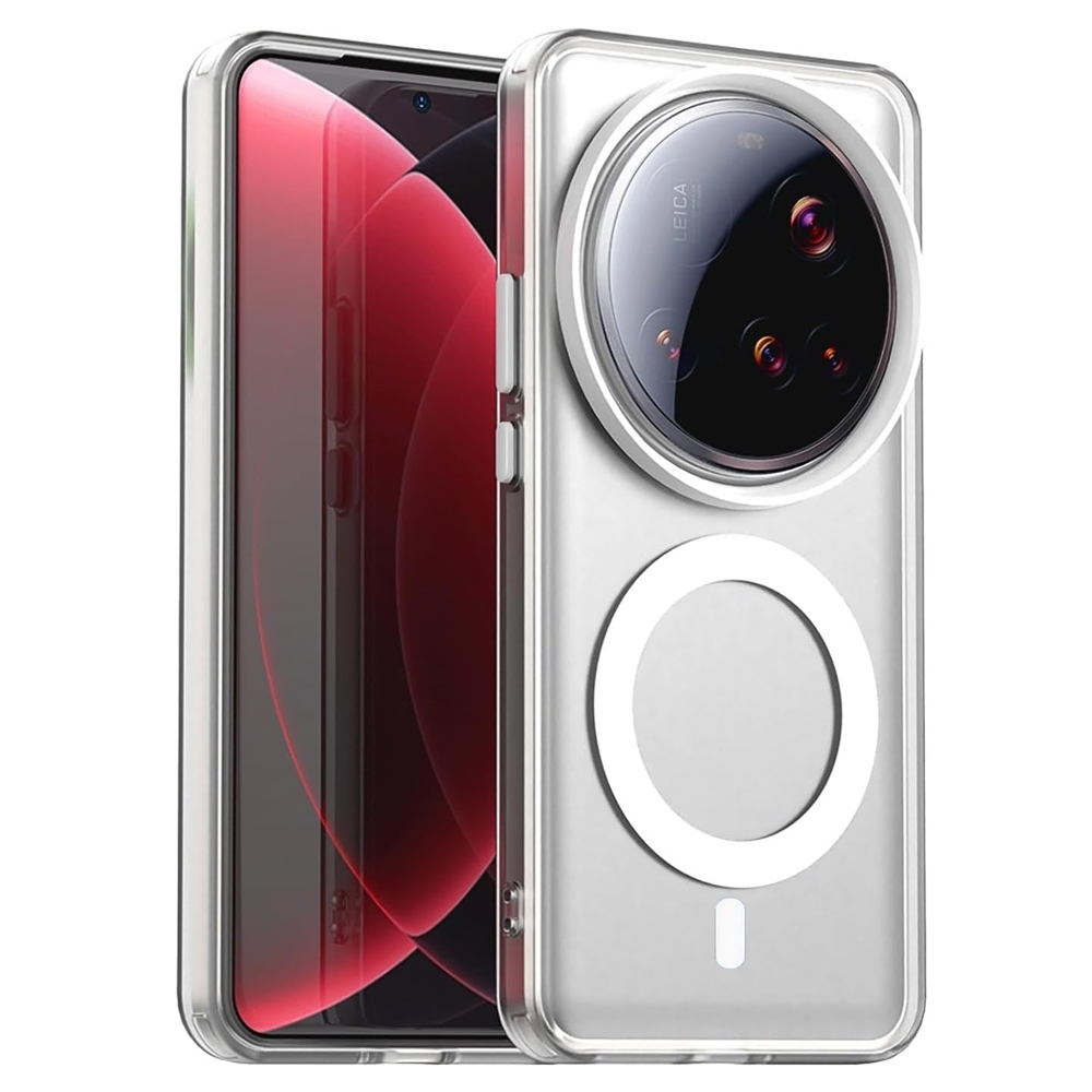 Gümüş çerçeveli şeffaf telefon kılıfı. Büyük bir kamera merceği ve arkada beyaz dairesel bir tasarım var.