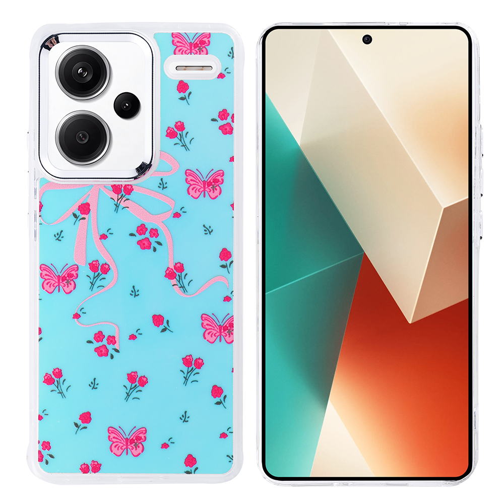 Desenli bir kılıfı olan bir telefon. Kılıf, pembe kelebekler ve çiçeklerle açık mavi bir arka plana sahip. Ekran soyut şekiller gösteriyor.