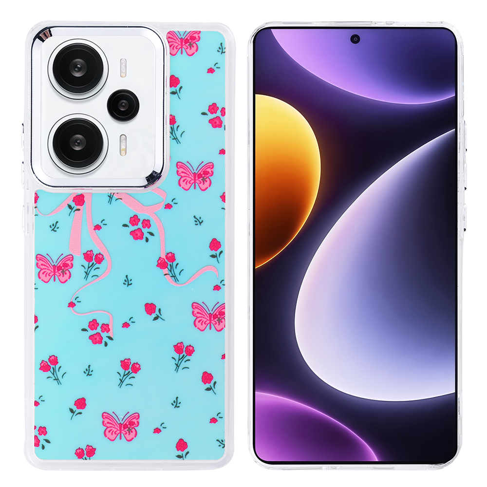Pembe kelebekler ve çiçeklerle süslü, çiçek desenli bir telefon kılıfı. Sağdaki ekranda mor ve sarı bir gradyan gösteriliyor.