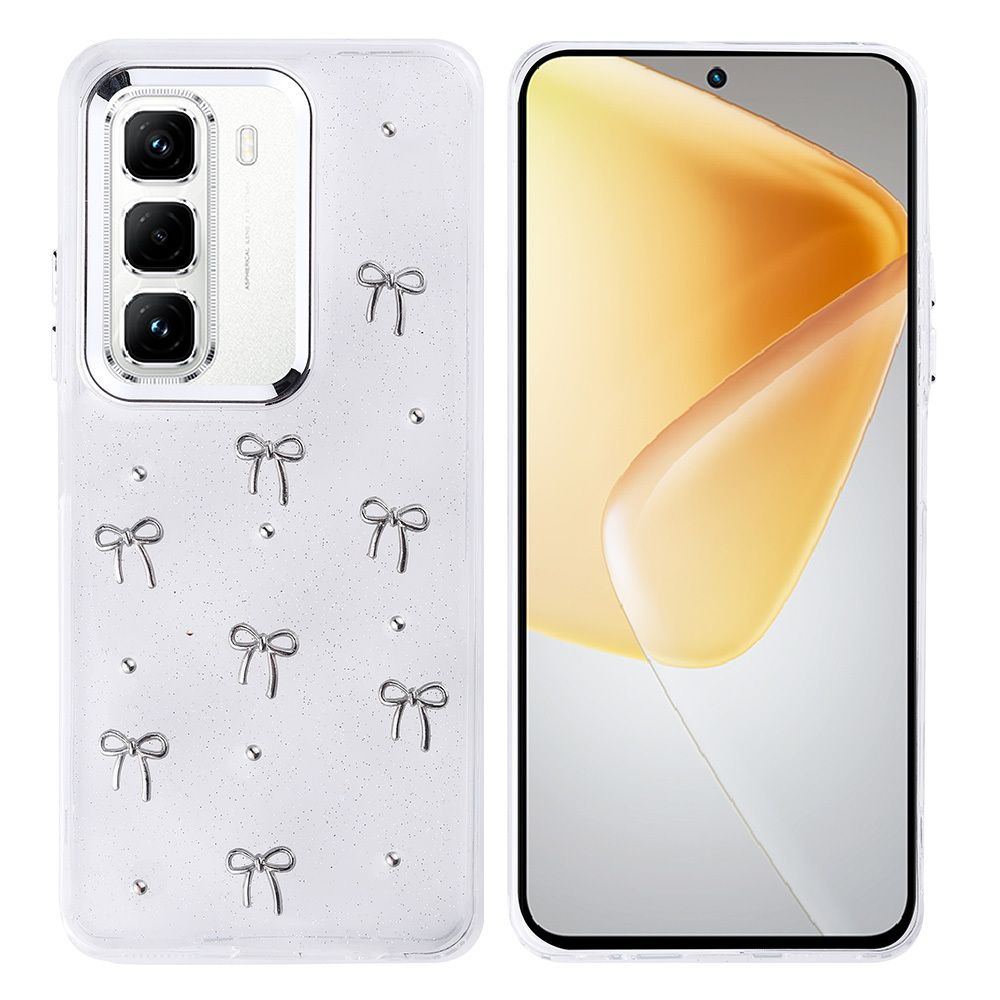 Yaylarla süslenmiş şeffaf bir kılıfı olan ve sarı bir degrade gösteren ekrana sahip bir telefon. Kılıfın kamera modülü var.
