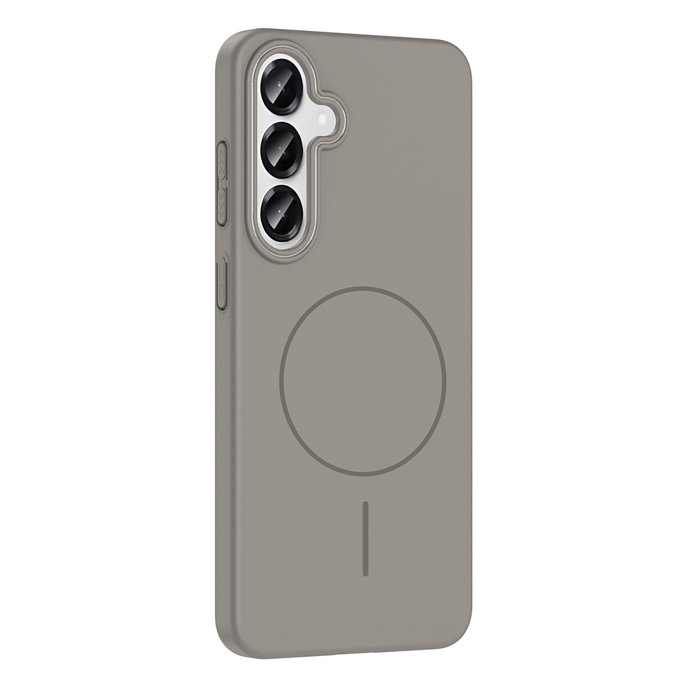 Üç kamera lensi ve arkasında dairesel bir mıknatıs bulunan gri bir telefon kılıfı. Çemberin altında bir çizgi var.