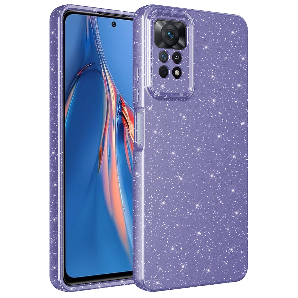 Simli mor bir telefon kılıfı, renkli bir görüntü gösteren ekranlı bir telefonun yanında.