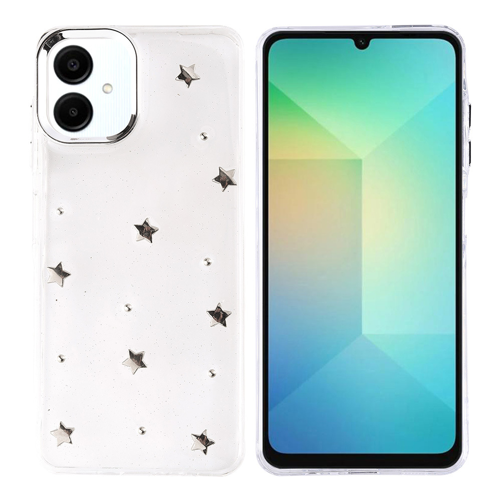 Bir akıllı telefonun yanında yıldız desenli bir telefon kılıfı. Telefon kılıfı şeffaf. Akıllı telefonun yeşil ve mavi bir ekranı var.