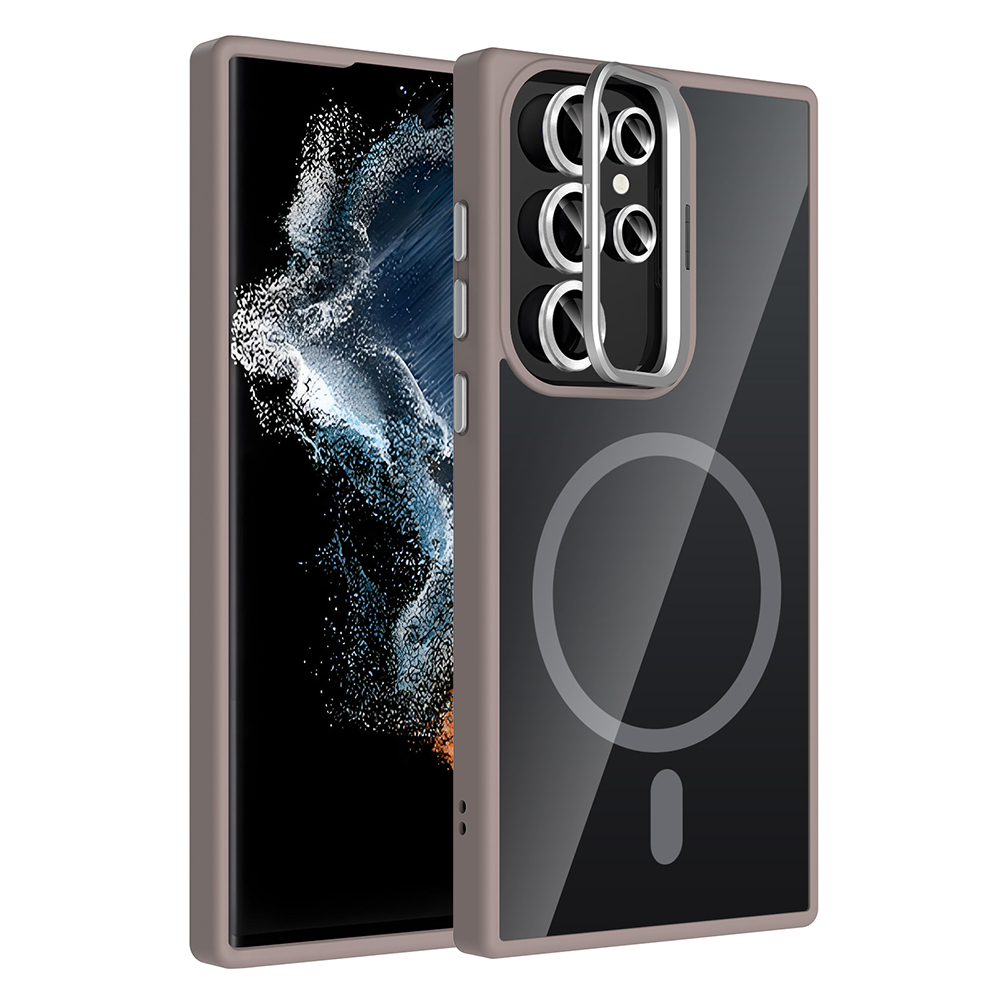 GPACK Samsung Galaxy S22 Ultra 5G Uyumlu Etro M-Safe Şarj Özellikli Standlı ve Lens Koruma Telefon Kılıfı Gri
