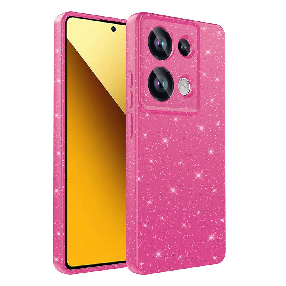 Pembe, parıltılı bir telefon kılıfı ve sarı ekranlı bir telefon. Kılıfın kamera açıklıkları var.