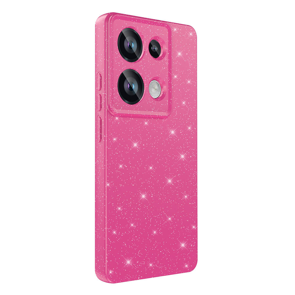 Glitterli pembe bir telefon kılıfı. Kamera lensleri ve yan düğmeleri var. Arka plan beyaz.