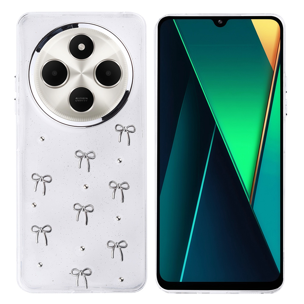 Telefon ve kılıfı. Telefon yeşil ve mavi bir tasarım sergiliyor. Kılıf, kurdeleler ve kamera ile şeffaftır.
