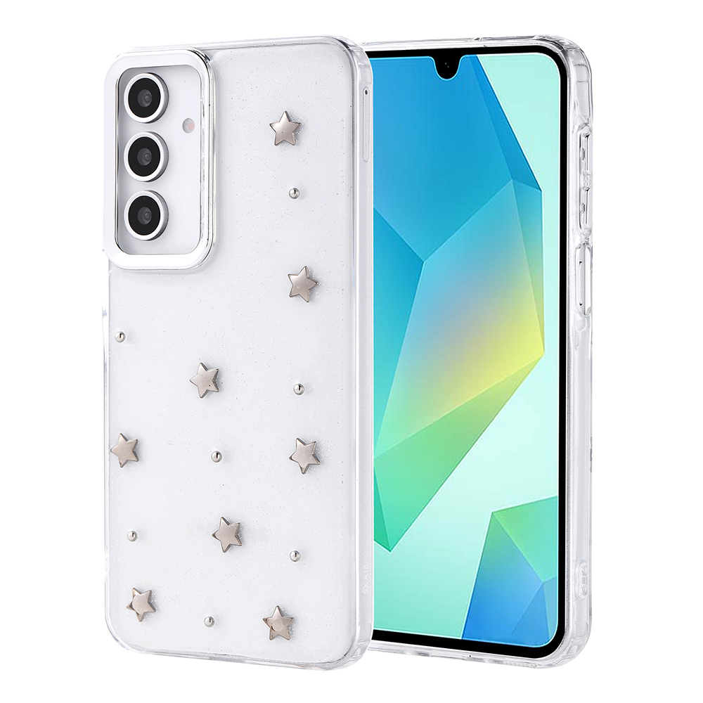 Gümüş yıldız ve nokta süslemeli şeffaf bir kılıf içinde bir akıllı telefon. Ekran açık, geometrik bir tasarım gösteriyor.