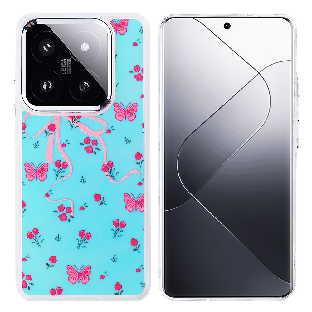 Turkuaz arkaplanlı, pembe kelebekli, çiçekli ve pembe kurdele tasarımlı bir telefon kılıfı. Telefonun ekranı sağda görülebilir.